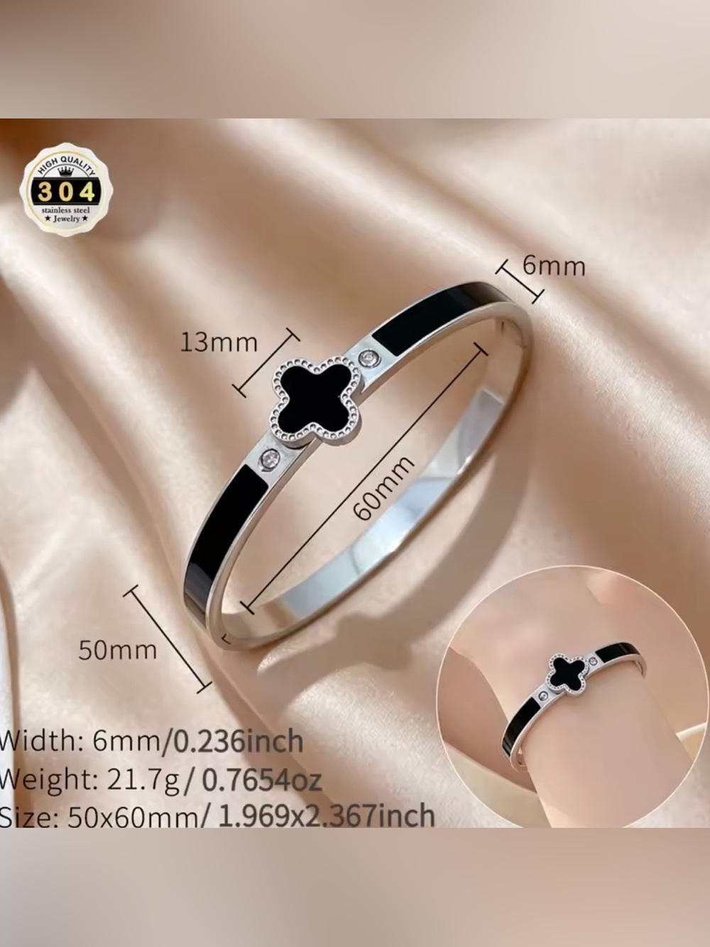 New Black & Silver Clover Bangle